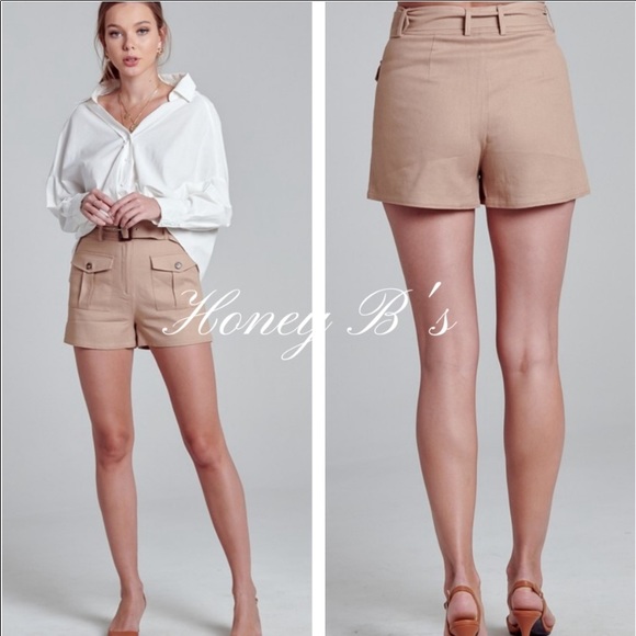 Luxury LINEN Khaki High-Rise Belted Shorts, NWT. - Picture 5 of 13